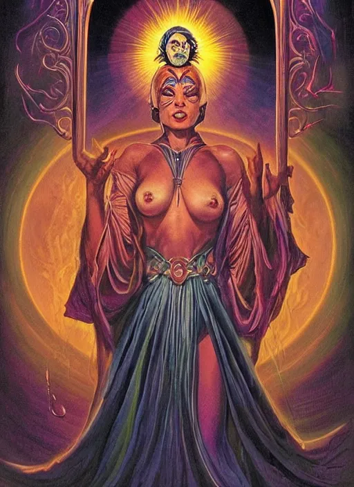 Prompt: gorgeous magic cult psychic woman smiling, third eye, energetic consciousness psychedelic, epic surrealism expressionism symbolism, story telling, iconic, dark robed, oil painting, symmetrical face, dark myth mythos, by Tim Hildebrandt, Wayne Barlowe, Bruce Pennington, donato giancola, hr giger masterpiece cinematic composition, dramatic pose, beautiful lighting, sharp, details, hyper-detailed, HD, HDR, 4K, 8K