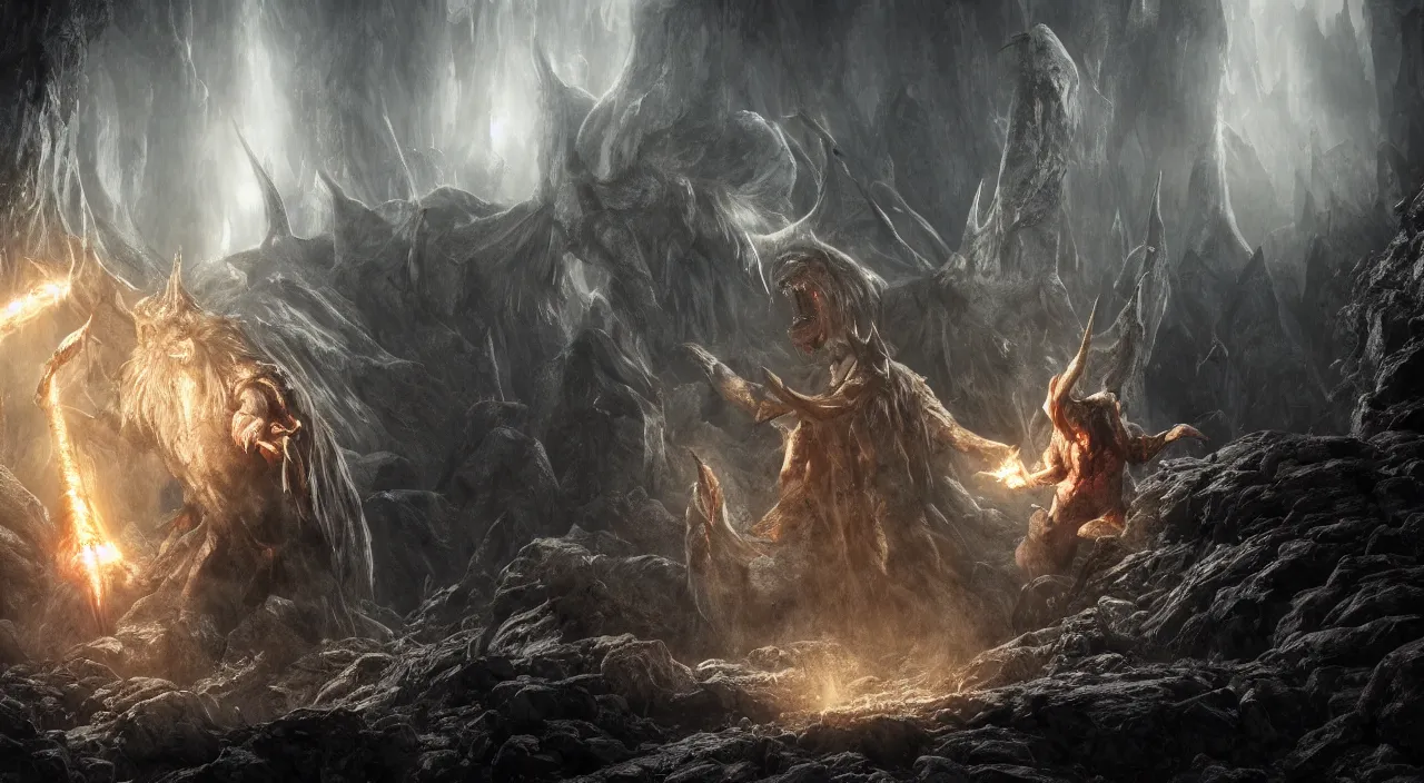 Image similar to god fighting the devil, dark, fiery, mines of moria, lord of the rings aesthetic, in style of alan lee, cinematic, cinematic lighting, octane render, motion blur, highly detailed