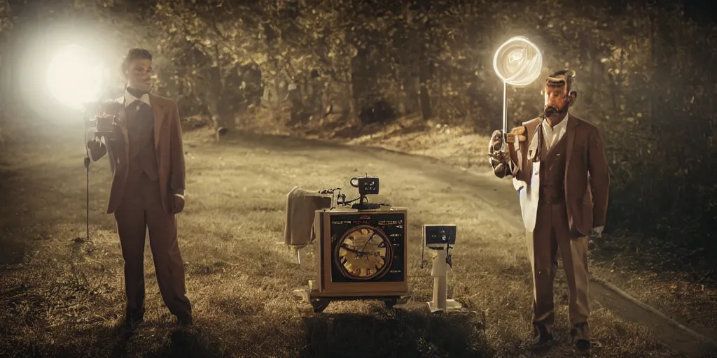 Image similar to a man in a brown suit holding a homemade time machine, cinematic, 5 0 mm lens, dramatic lighting, shot on arri alexa, filmic