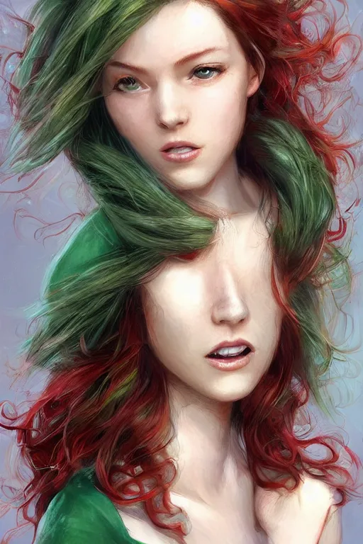 Prompt: beautiful cute red haired joyful and playful 1 9 year old maiden standing up in a green dress, long hair, rpg character, sci - fi, fantasy, intricate, elegant, digital painting, artstation, concept art, smooth, 8 k frostbite 3 engine, ultra detailed, art by artgerm and greg rutkowski and magali villeneuve