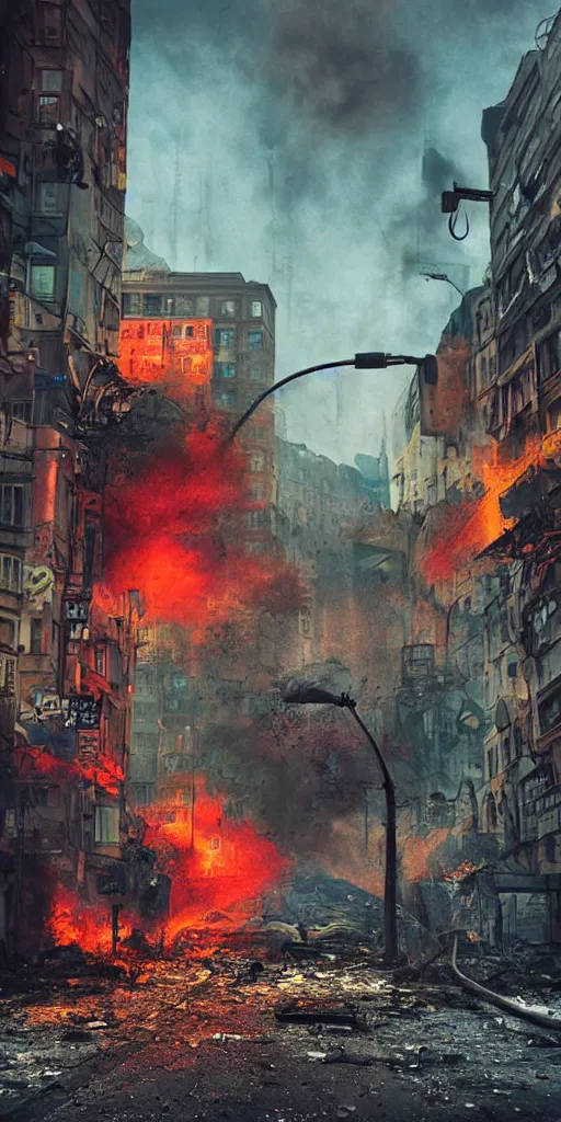 Image similar to post - apocalyptic kreuzberg streets, burned cars, explosions, colorful smoke, hyperrealistic, gritty, damaged, dark, urban photography, photorealistic, high details