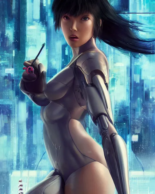 Image similar to weta disney pixar movie still portrait photo of motoko kusanagi ghost in the shell : : as cyborg woman by pixar : : by weta, wlop, ilya kuvshinov, rossdraws, artgerm, marvel, maxim cover, latex, octane render, sweaty, iridescent, bright morning, anime, liosh, mucha : :