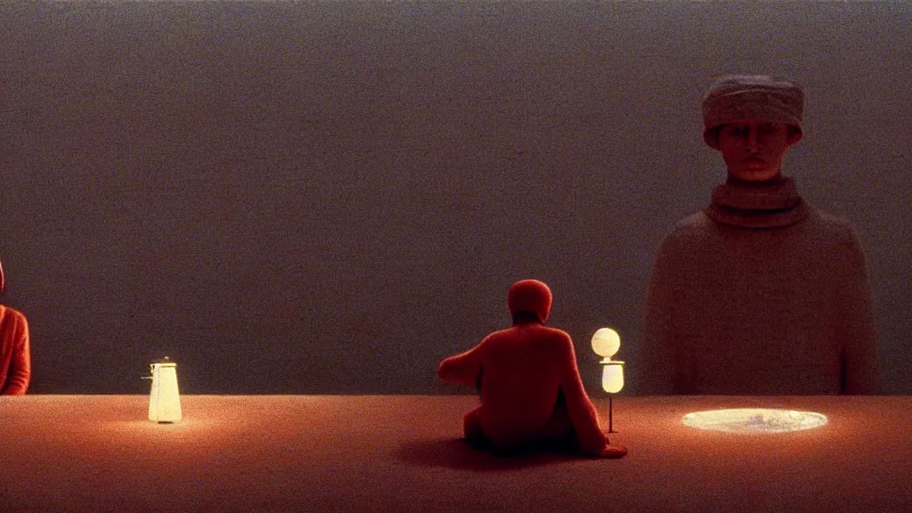 Image similar to I like to eat at night, film still from the movie directed by Wes Anderson with art direction by Zdzisław Beksiński, wide lens