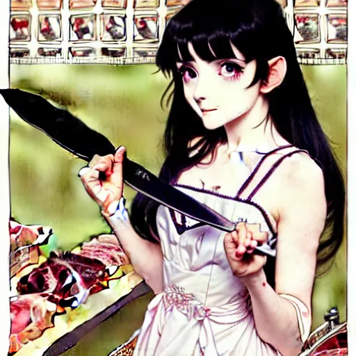 Image similar to portrait of a morbid 18 year old youth wearing a pretty little dress with straight silky black hair, in a butcher shop, holding a butcher knife. insanely and epically detailed high-quality small details, exquisitely detailed soft shadowing, epic pencil illustration, by Range Murata and by Alphonse Mucha and by Katsuhiro Otomo.