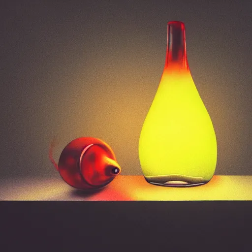 Prompt: photorealistic digital painting of lava lamp in a glass bottle, very dim red lights, very dim blue lights, very dark room, dark background, very photorealistic, resembles lemon demon - view - monster album art