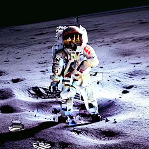 Image similar to color photography of Freddy mercury doing live Aid on the moon