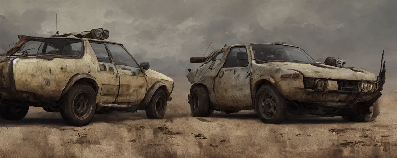 Image similar to a lonely Dacia 1310 in Mad Max, artstation, concept art