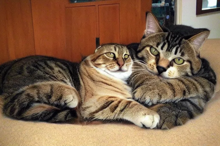 Prompt: Giant fat cat used as a couch, resting on the belly of a massive feline, domesticated colossal kitty.