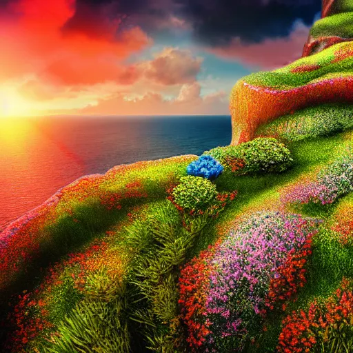 Prompt: flower on the edge of a cliff, cliff edge, colorful flower, sunset, beautiful colors, color palette, concept art, high detail, dramatic angle