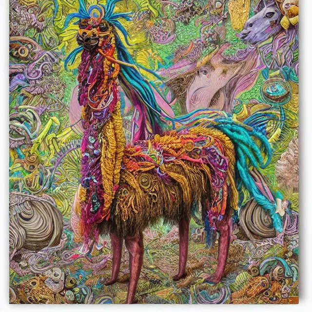 Image similar to llama with dreadlocks, colorful, detailed by ernst haeckel, james jean, mandy jurgens