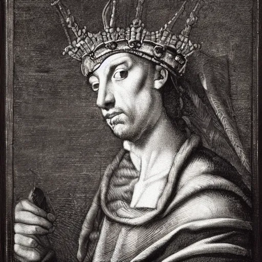 Image similar to renaissance style portrait of a rupicapra rupicapra wearing a crown and a cape, dark background