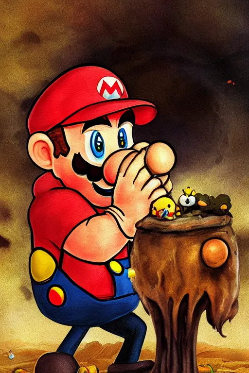 Image similar to mario eating kinopio in the style of saturn devouring his son, goya art, canvas painting, digital art, extremely detailed, photoshop, devouring, cannibalism, swallowing, humanoid mushroom