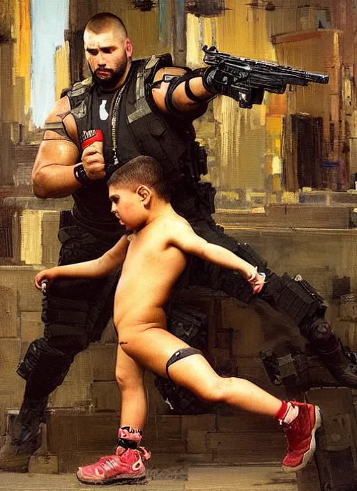 Image similar to big mike in a fight with little alex. cyberpunk meathead wearing a military vest and combat gear fighting small hacker. (Cyberpunk 2077, bladerunner 2049). Iranian orientalist portrait by john william waterhouse and Edwin Longsden Long and Theodore Ralli and Nasreddine Dinet, oil on canvas. Cinematic, hyper realism, realistic proportions, dramatic lighting, high detail 4k