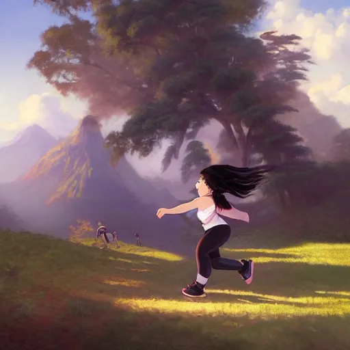 Image similar to portrait of a chubby taiwanese woman running, an oil painting by ross tran and thomas kincade, studio ghibli