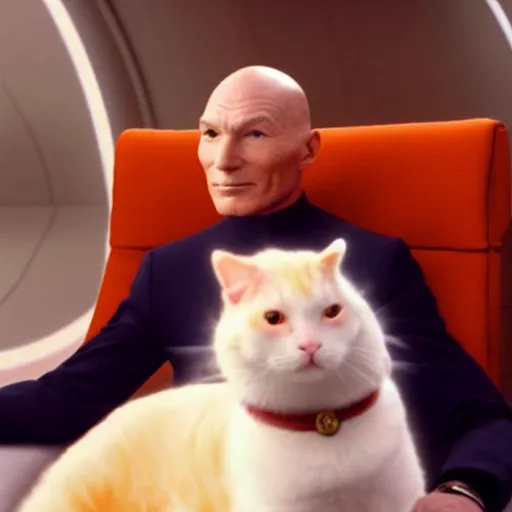 Prompt: Captain Picard sitting on the bridge of the Enterprise with a white and orange cat in his lap. Movie still, realistic, 4k, highly detailed, dynamic lighting.