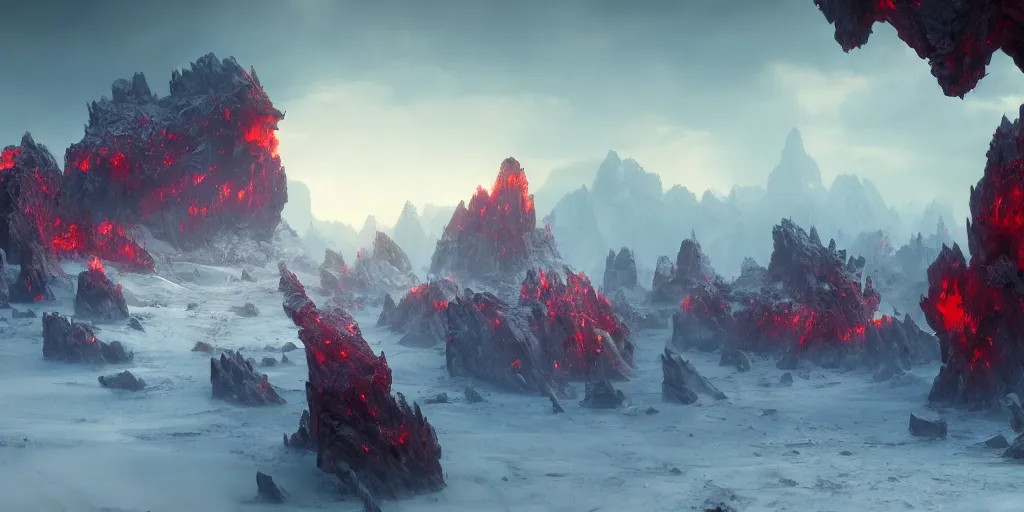 Image similar to a epic landscape full of big red crystals spikes emerging from the ground, concept art, octane render, unreal engine 5, trending on artstation, greg rutkowski, hyperrealistic, highly detailed, high quality, 8 k, dramatic lighting, cinematic, high coherence, high contrast, digital art, high definition, path traced, night