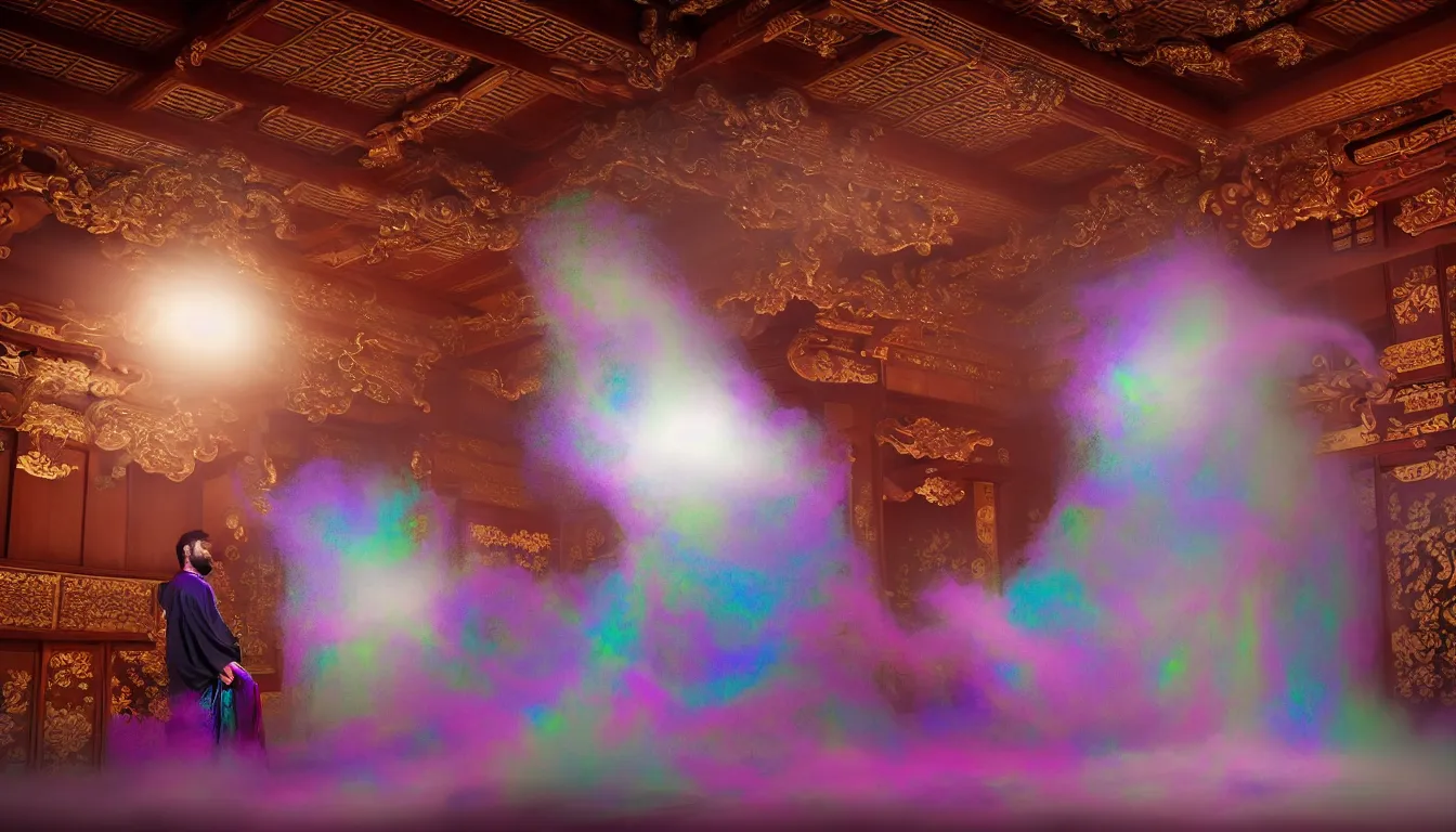 Prompt: feedback loop , burst of powders ,volumetric lighting, twisting vapour, bellowing dust ,flowing shimmering iridescent fabrics, emerging hands and an ancient male bearded face , inside a huge traditional Japanese Royal ornate temple , full colour , upscale , 4k