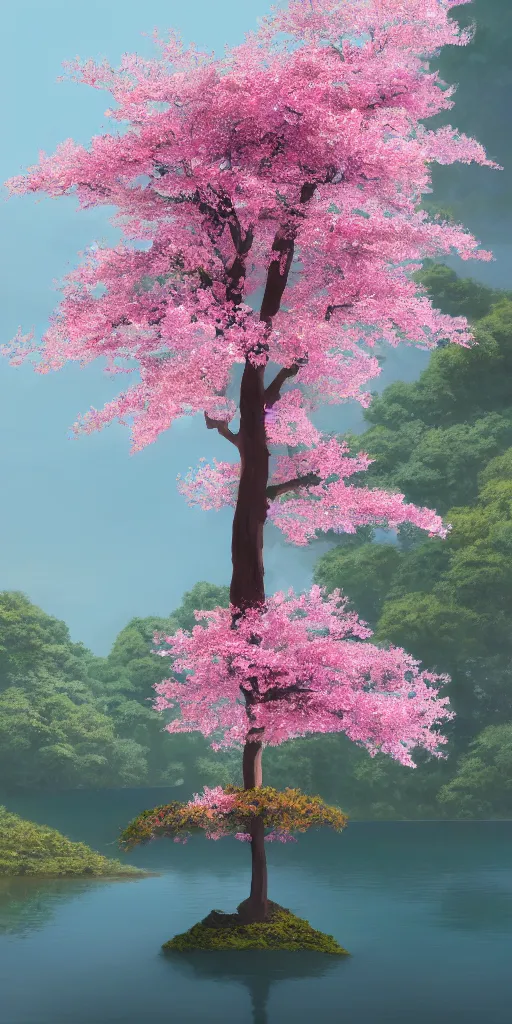 Image similar to a single sakura tree growing upon an island in a lake, cherry blossoms, illustration, light beams, digital art, oil painting, fantasy, 8 k, trending on artstation, detailed