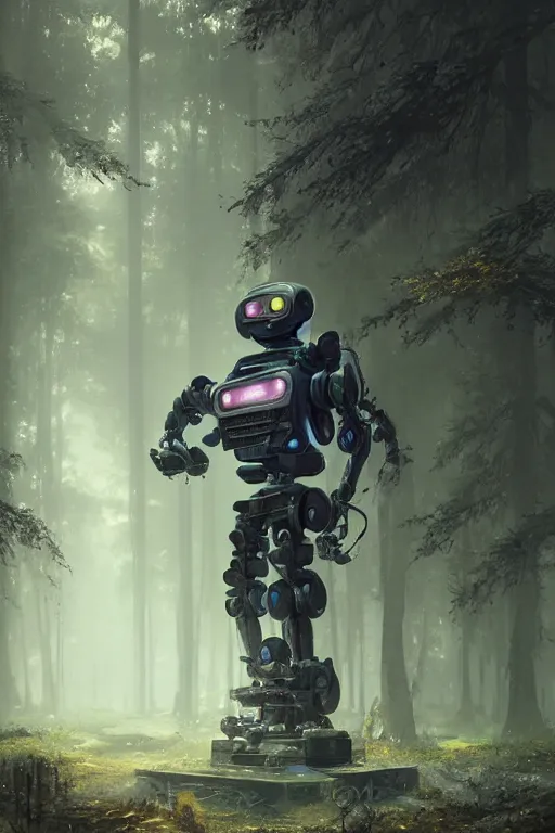 Prompt: A small character standing before a robot in the forest by Greg Rutkowski, Sung Choi, Mitchell Mohrhauser, Maciej Kuciara, Johnson Ting, Maxim Verehin, Peter Konig, final fantasy , 8k photorealistic, cinematic lighting, HD, high details, atmospheric,