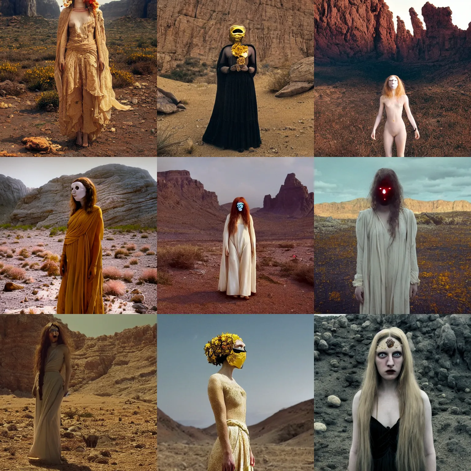 Prompt: The full body shot of beautiful pale lady with a while flower and full-face golden mask in a rocky desert background, multiple eyes and eyes reflection by Lubezki, Gaspar Noe, Darren Aronofsky, Guillermo del Toro and Christopher Doyle, long hair, photography, wide shot, day, cinematic composition, practical effects, award winning photo, 8k
