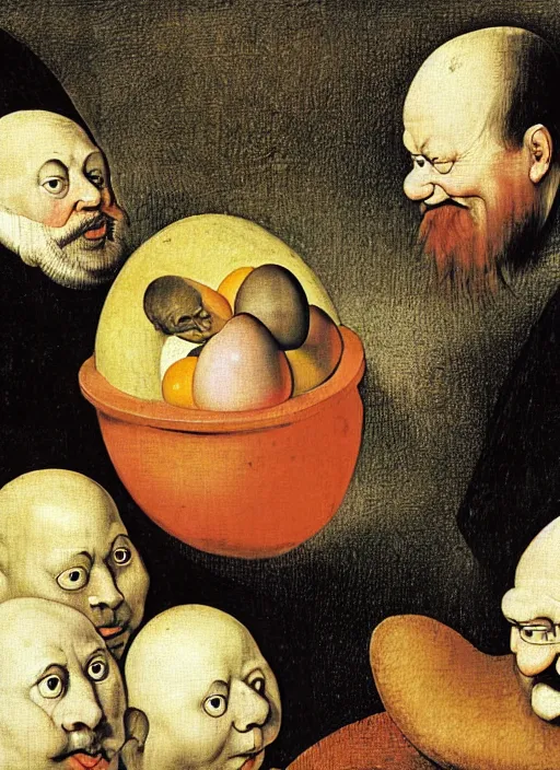 Image similar to carton of gregs'eggs with silly round humpty dumpty jack black facial expressions, realistic, by hieronymus bosch and pieter brueghel