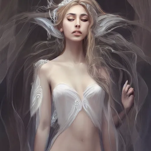 Prompt: Riley Reid, white daoist robes, beautiful, ethereal, digital painting, highly detailed, full body, by Charlie bowater