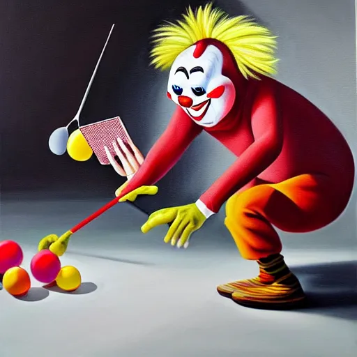 Image similar to hyperrealism painting from the housefly perspective getting swatted at from an angry and sick clown man with a fly swatter in the kitchen