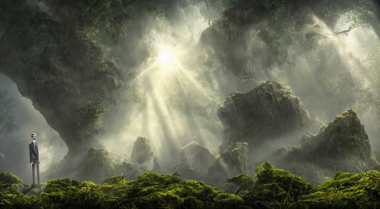 Image similar to photorealistic matte painting of mr burns of the simpsons standing far in misty overgrowth undergrowth jagged rock features volumetric fog light rays high contrast dawn