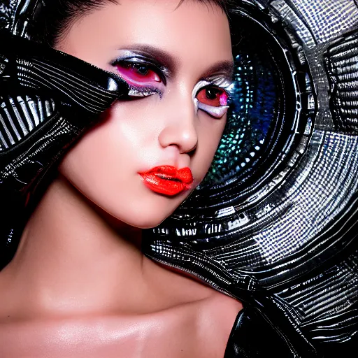 Image similar to alien fashion model close up looking into lens heavy bokeh studio lighting