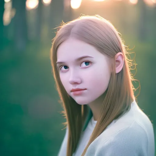 Prompt: beautiful hyperdetailed photograph of a cute young woman, golden hour, soft focus, medium shot, 8 k, portra 4 0 0