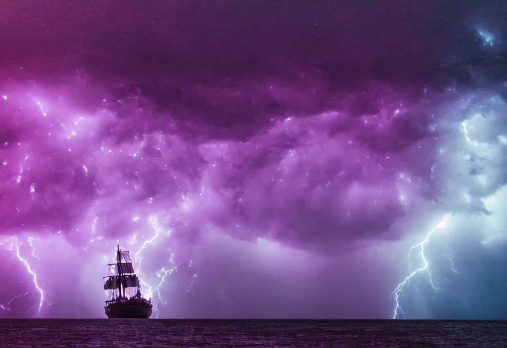 Image similar to purple color lighting storm with stormy sea, pirate ship firing its cannons real life trippy nebula sky 50mm shot