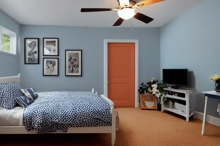 Prompt: a 10 by 11 foot room with white with a criss cross pattern in blue grey walls, white ceiling, navy blue carpet, a small bed, desk, two wooden wardrobes, a little side table in a light wood veneer, a window, desk fan, table light, and an old TV, and a ceiling fan gives off a dim orange light. Old