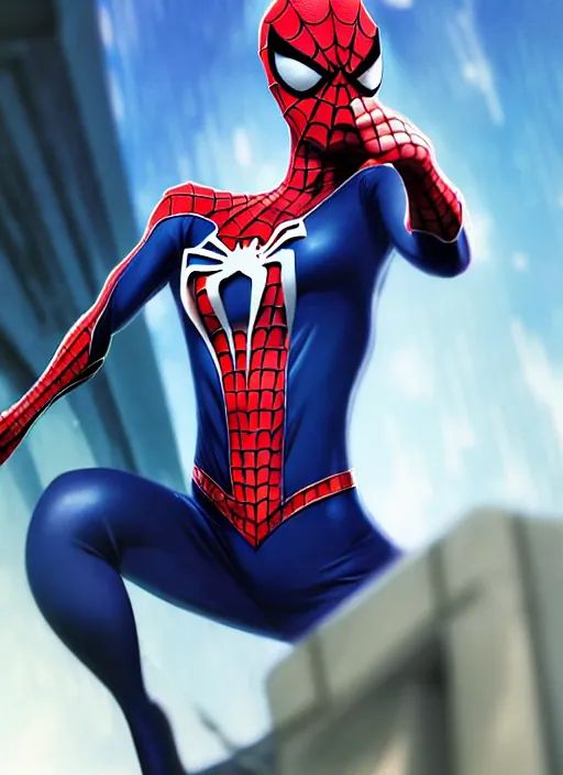 Image similar to full-body portrait Anime spiderman cosplay girl cute-fine-face, pretty face, realistic shaded Perfect face, fine details. Anime. realistic shaded lighting by katsuhiro otomo ghost-in-the-shell, magali villeneuve, artgerm, rutkowski Jeremy Lipkin and Giuseppe Dangelico Pino and Michael Garmash and Rob Rey