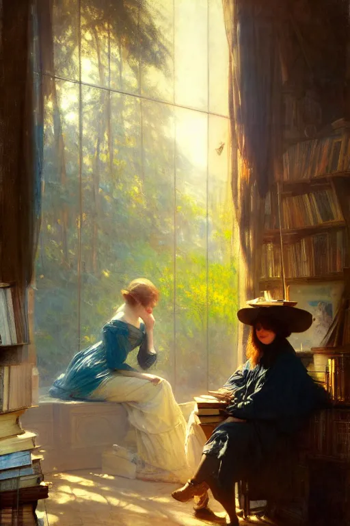 Image similar to soft colorsphotograph imax and solomon joseph solomon and richard schmid and jeremy lipking victorian loose genre loose painting book shop interior full of books disney