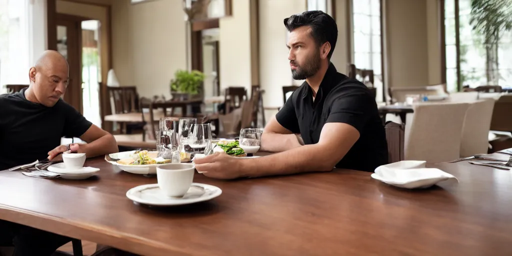 Prompt: low angle establishing shot of a man wearing a black shirt, khaki pants, and a belt, and he is sitting at a dining table which is located within a large luxurious dining room