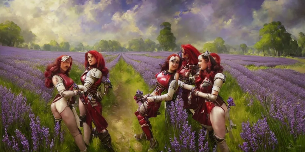 Image similar to warhammer 40k battle sisters in a lavander field. by Daniel F. Gerhartz, hyperrealistic oil painting, 4k, studio lightning, very detailed faces, rtx on