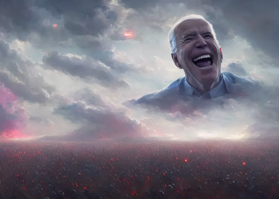 Prompt: large abstract painting of giant grinning Joe Biden head emerging from cosmic clouds at giant immense crowd of person army, trending on ArtStation, masterpiece, by Greg Rutkowski, by Ross Tran, by Fenghua Zhong, octane, lightbeam eyes, soft render, clear facial features, oil on canvas,, moody lighting, cinematic, professional environment concept art