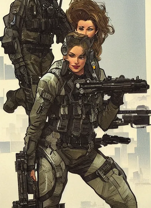 Prompt: Dinah. USN special forces operator looking at city skyline. Agent wearing Futuristic stealth suit. rb6s Concept art by James Gurney, Alphonso Mucha, matt rhodes.