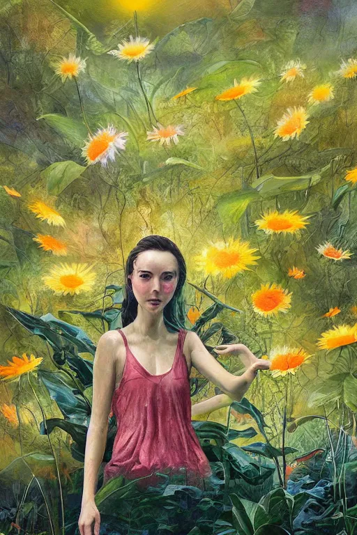 Image similar to closeup, giant daisy flower head, girl between monsteras, surreal photography, wind and cold, dramatic sky, impressionist painting, digital painting, artstation, simon stalenhag