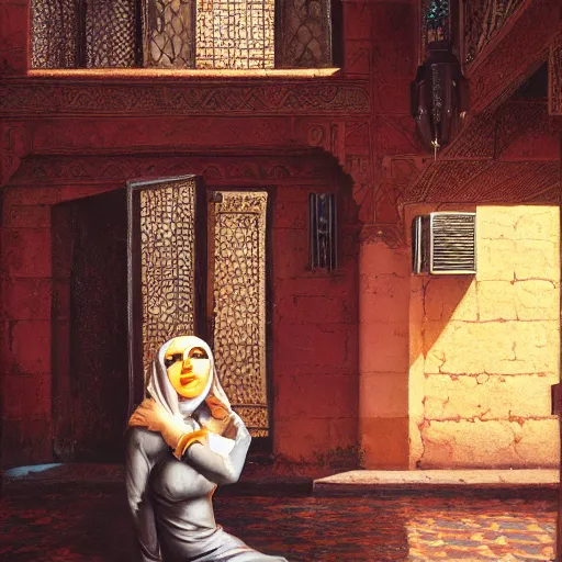 Prompt: detailed face of an arabic woman, opulent courtyard, moment, tectonic sky, skydome, reactor, utopian, tech noir, wet reflections, prism, atmospheric, ambient, pj crook, syd mead, livia prima, artgerm, greg rutkowski, nick alm, casey baugh