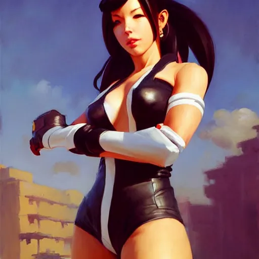 Image similar to Greg Manchess portrait painting o Tifa Lockheart as Overwatch character, medium shot, asymmetrical, profile picture, Organic Painting, sunny day, Matte Painting, bold shapes, hard edges, street art, trending on artstation, by Huang Guangjian and Gil Elvgren and Sachin Teng