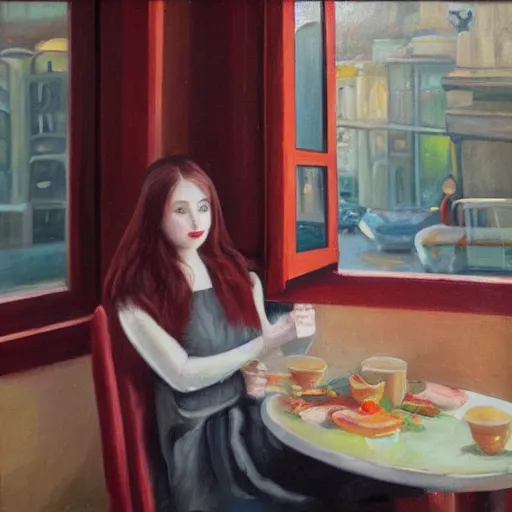 Prompt: a girl with dark red hair seating in cafe and drinking tea, Istanbul can be seen in window behind her oil painting