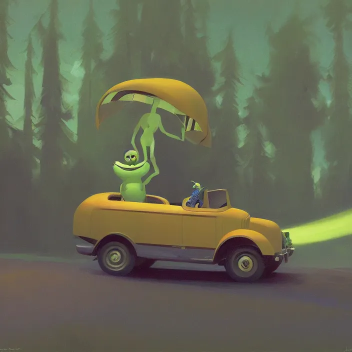 Image similar to fat alien on wheels rolling through the forest, highly detailed, Edward Hopper and James Gilleard