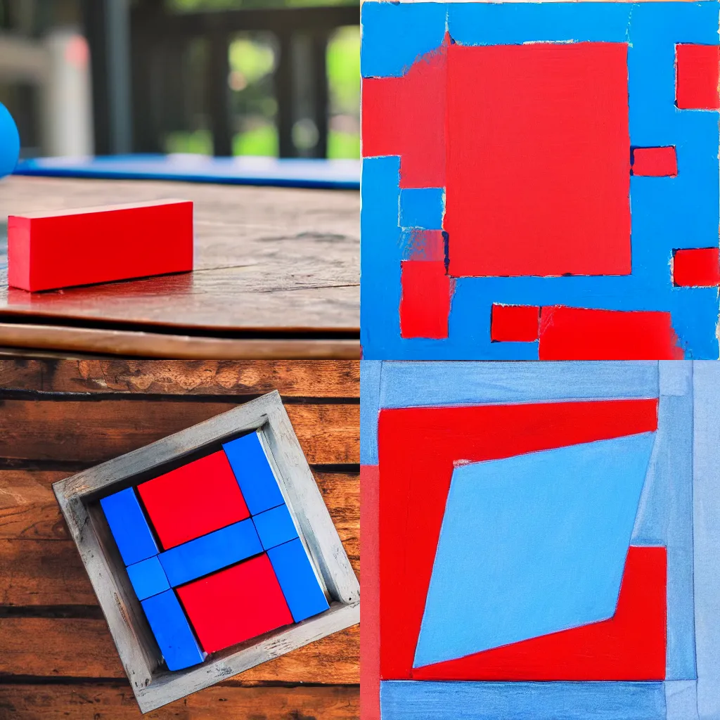 Prompt: a red block on a blue block on a table