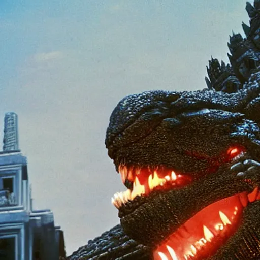 Image similar to Godzilla breaking the Royal Palace in Bangkok, colourized, photo, high quality