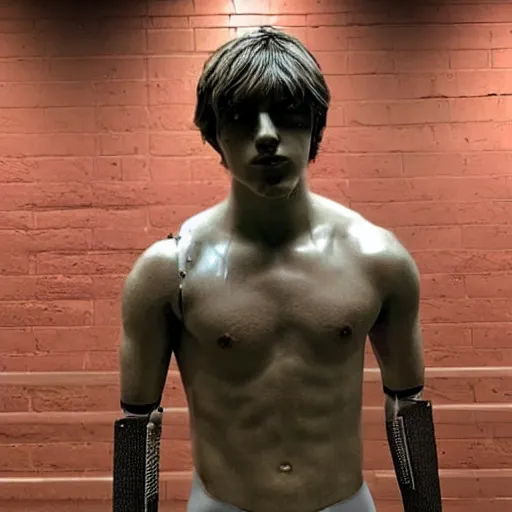 Image similar to “a realistic detailed photo of a guy who is an attractive humanoid who is half robot and half humanoid, who is a male android, American freestyle and folkstyle wrestler from Oklahoma AJ Ferrari, shiny skin, posing like a statue, blank stare, at college, on display”