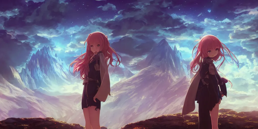 Image similar to isekai masterpiece by mandy jurgens, irina french, rachel walpole, ross tran, illya kuvshinov, deeznutz, and alyn spiller of an anime woman standing in a puddle looking up at serpent viper mountain, nebula night, cinematic, very warm colors, intense shadows, ominous clouds, anime illustration, anime screenshot composite background