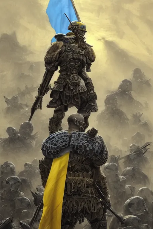 Image similar to a distant shot from behind of a Ukrainian super soldier with blue and yellow flag behind him standing alone on a huge pile of skulls as a winner, masculine muscular figure, D&D, fantasy, intricate, elegant, highly detailed, extremely detailed, digital painting, artstation, concept art, matte, sharp focus, symmetrical, illustration, art by Artgerm and Greg Rutkowski and Alphonse Mucha