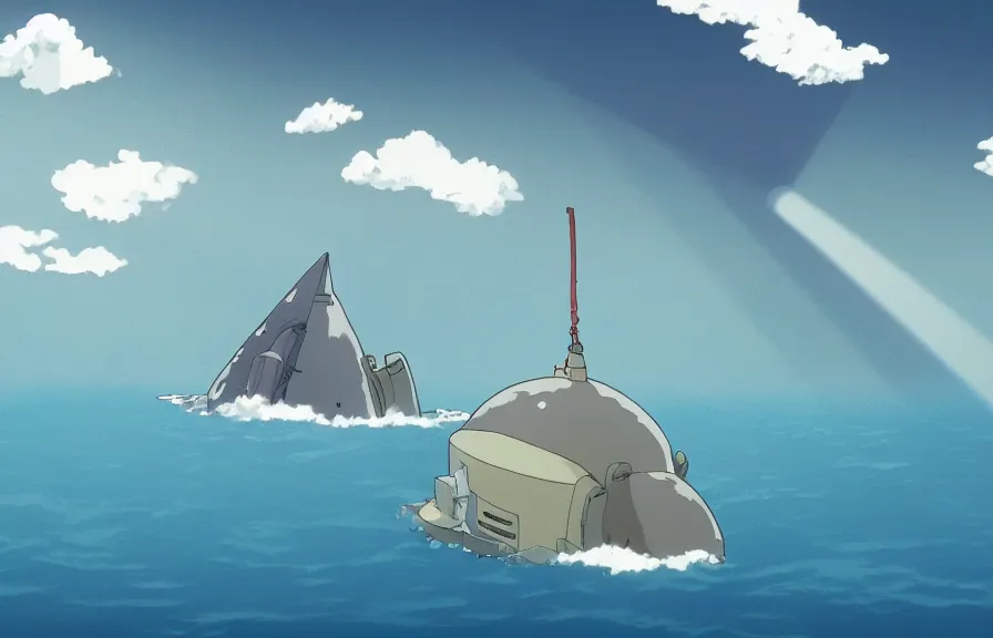 Prompt: a realistic studio ghibli cell shaded cartoon showing a submarine swimming in front of a white pyramid underwater at the bottom of the sea. shafts of sunlight come from above. wide shot, very dull muted colors, hd, 4 k, hq