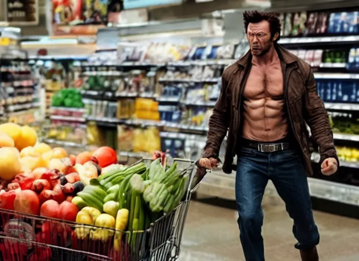 Image similar to film still of Wolverine going grocery shopping in the new X-Men movie, 4k